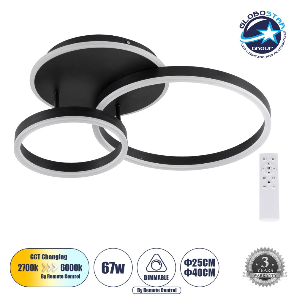 GLOBOSTAR® VENOM 61120 Μοντέρνο Φωτιστικό Οροφής LED 67W 6700lm 360° AC 220-240V IP20 Ρυθμιζόμενο Λευκό CCT με Χειριστήριο από 2700K έως 6000K Dimmable - Lumileds SMD Chip - Μαύρο Ματ - Μ60 x Π40 x Υ12.5cm - 3 Χρόνια Εγγύηση