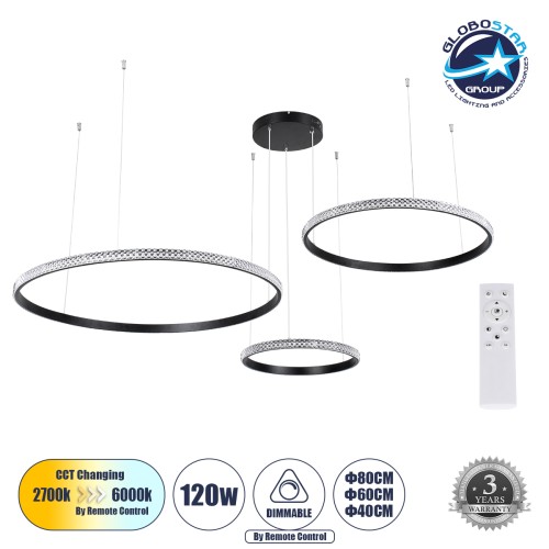 GLOBOSTAR® DIAMOND TRIO 61144 Μοντέρνο Κρεμαστό Φωτιστικό Οροφής LED 120W 14723lm 360° AC 220-240V IP20 Ρυθμιζόμενο Λευκό CCT με Χειριστήριο από 2700K έως 6000K Dimmable - Lumileds SMD Chip - Μαυρό Ματ - Μ150 x Π150 x Υ60cm - 3 Χρόνια Εγγύηση