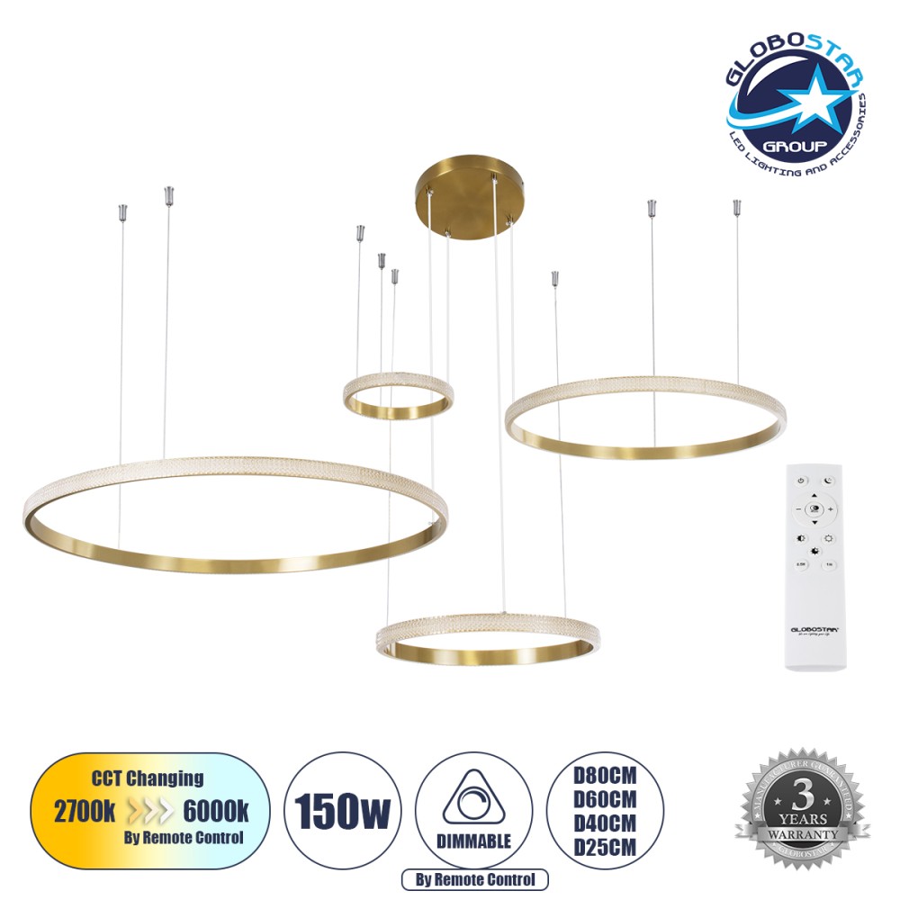 GLOBOSTAR® DIAMOND TETRA 61149 Μοντέρνο Κρεμαστό Φωτιστικό Οροφής LED 150W 15000lm 360° AC 220-240V IP20 Ρυθμιζόμενο Λευκό CCT με Χειριστήριο από 2700K έως 6000K Dimmable - Lumileds SMD Chip - Χρυσό Βούρτσας - Μ150 x Π150 x Υ120cm - 3 Χρόνια Εγγύηση