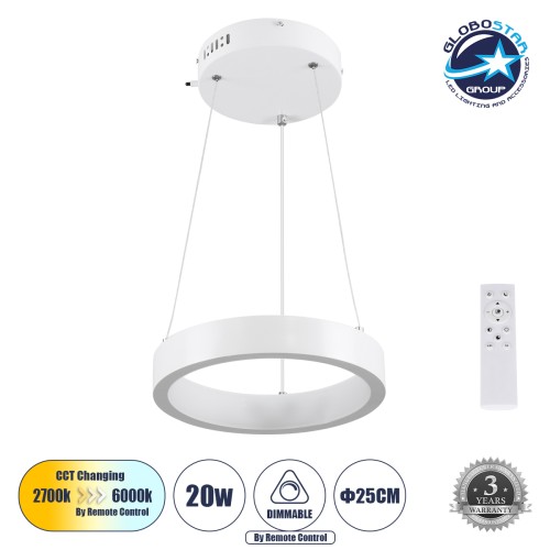 GLOBOSTAR® NEMESIS 61153 Μοντέρνο Κρεμαστό Φωτιστικό Οροφής LED 20W 2356lm 360° AC 220-240V IP20 Ρυθμιζόμενο Λευκό CCT με Χειριστήριο από 2700K έως 6000K Dimmable - Lumileds SMD Chip - Λευκό Ματ - Μ25 x Π25 x Υ4cm - 3 Χρόνια Εγγύηση
