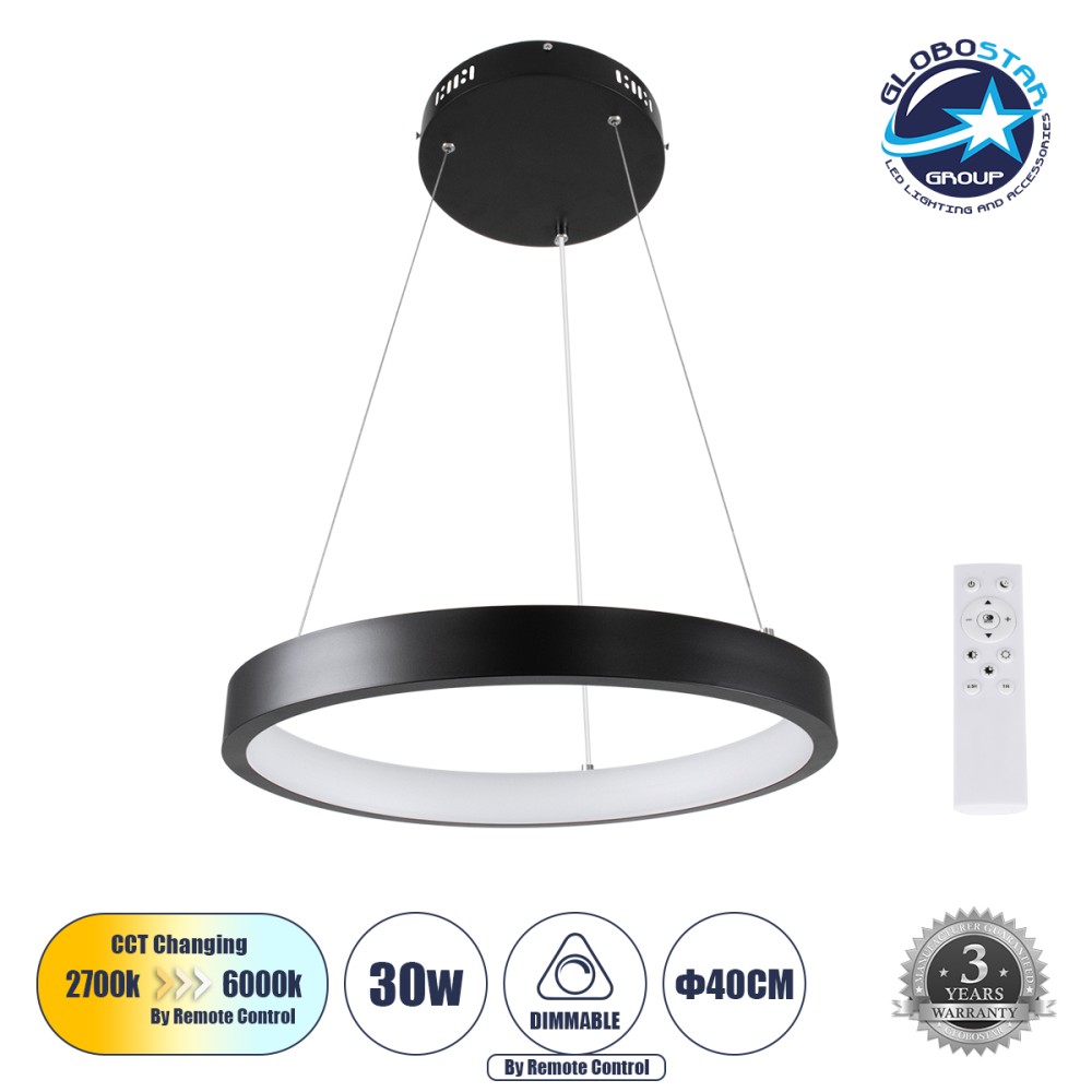 GLOBOSTAR® NEMESIS 61155 Μοντέρνο Κρεμαστό Φωτιστικό Οροφής LED 30W 3000lm 360° AC 220-240V IP20 Ρυθμιζόμενο Λευκό CCT με Χειριστήριο από 2700K έως 6000K Dimmable - Lumileds SMD Chip - Μαυρό Ματ - Μ40 x Π40 x Υ4cm - 3 Χρόνια Εγγύηση