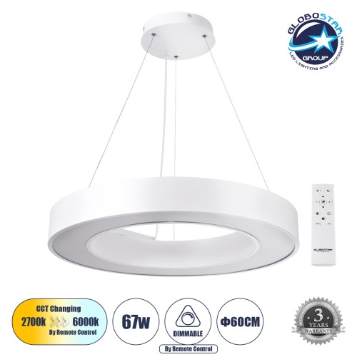 GLOBOSTAR® RA 61195 Μοντέρνο Κρεμαστό Φωτιστικό Οροφής LED 67W 7370lm 120° AC 220-240V IP20 Ρυθμιζόμενο Λευκό CCT με Χειριστήριο από 2700K έως 6000K Dimmable - Lumileds SMD Chip - Λευκό Ματ - Μ60 x Π60 x Υ8cm - 3 Χρόνια Εγγύηση