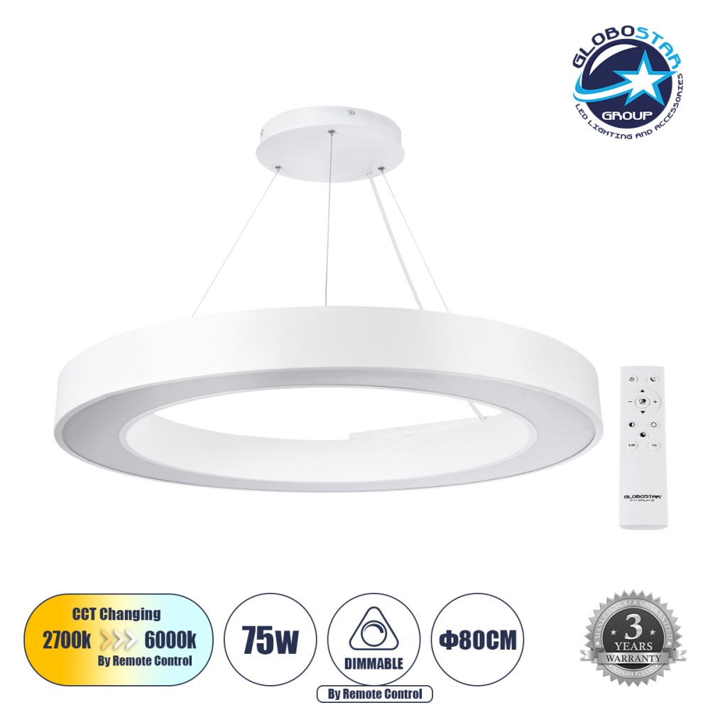 GLOBOSTAR® RA 61197 Μοντέρνο Κρεμαστό Φωτιστικό Οροφής LED 75W 8250lm 120° AC 220-240V IP20 Ρυθμιζόμενο Λευκό CCT με Χειριστήριο από 2700K έως 6000K Dimmable - Lumileds SMD Chip - Λευκό Ματ - Μ80 x Π80 x Υ8cm - 3 Χρόνια Εγγύηση