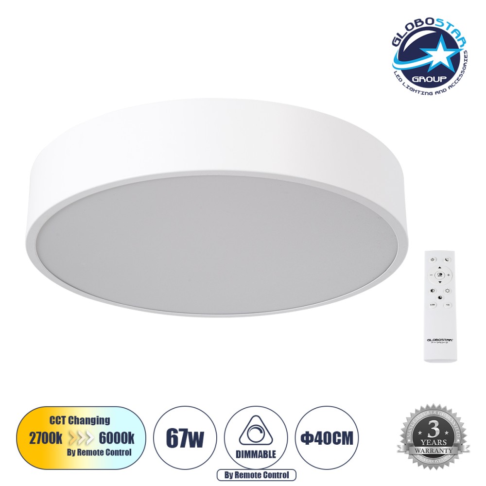 GLOBOSTAR® BURTON 61201-S Μοντέρνο Φωτιστικό Οροφής LED 67W 6700lm 120° AC 220-240V IP20 Ρυθμιζόμενο Λευκό CCT με Χειριστήριο από 2700K έως 6000K Dimmable - Lumileds SMD Chip - Λευκό Ματ - Μ40 x Π40 x Υ8cm - 3 Χρόνια Εγγύηση