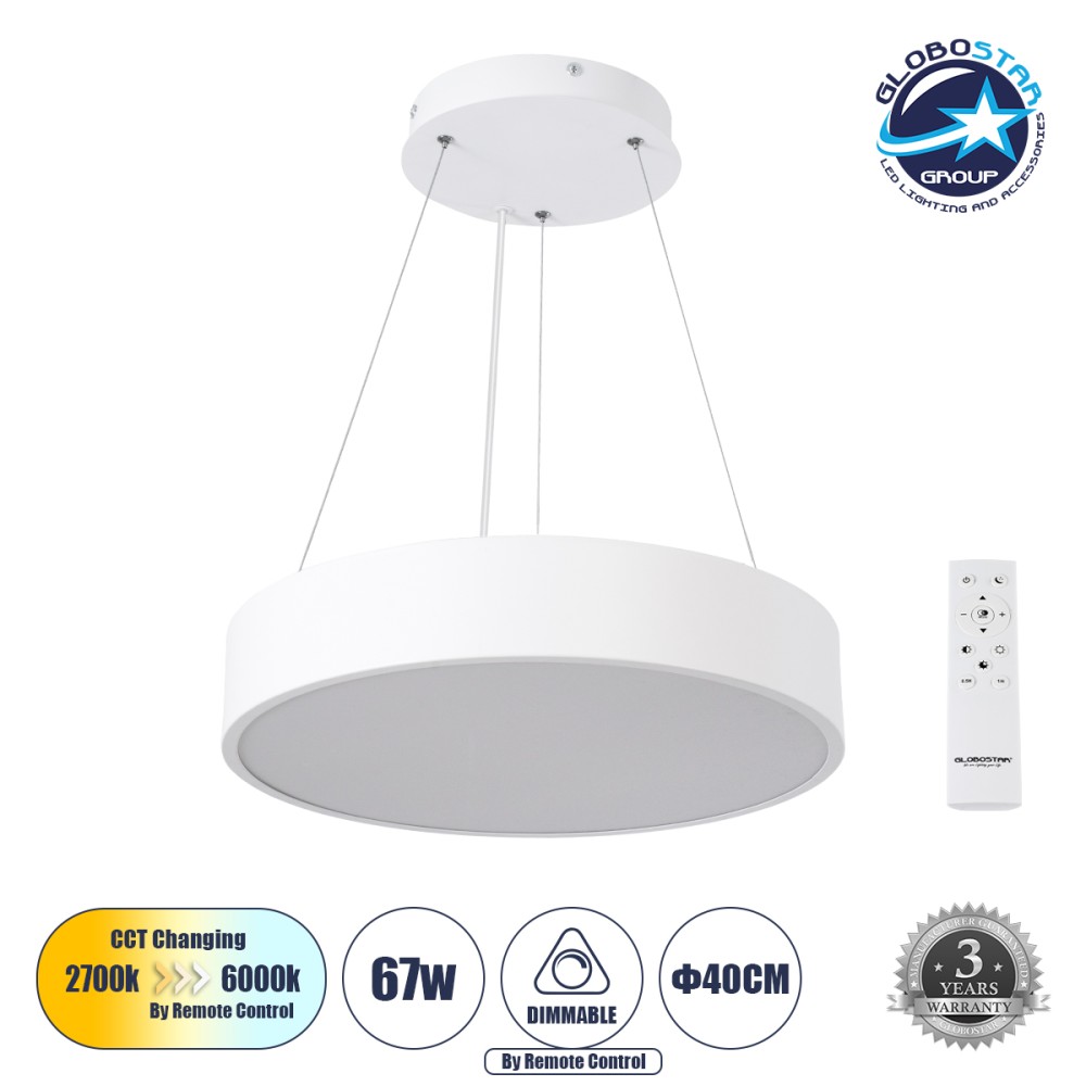 GLOBOSTAR® BURTON 61201 Μοντέρνο Κρεμαστό Φωτιστικό Οροφής LED 67W 6700lm 120° AC 220-240V IP20 Ρυθμιζόμενο Λευκό CCT με Χειριστήριο από 2700K έως 6000K Dimmable - Lumileds SMD Chip - Λευκό Ματ - Μ40 x Π40 x Υ8cm - 3 Χρόνια Εγγύηση