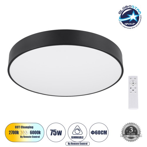 GLOBOSTAR® BURTON 61202-S Μοντέρνο Φωτιστικό Οροφής LED 75W 8625lm 120° AC 220-240V IP20 Ρυθμιζόμενο Λευκό CCT με Χειριστήριο από 2700K έως 6000K Dimmable - Lumileds SMD Chip - Μαύρο Ματ - Μ60 x Π60 x Υ8cm - 3 Χρόνια Εγγύηση