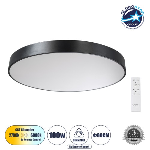 GLOBOSTAR® BURTON 61204-S Μοντέρνο Φωτιστικό Οροφής LED 100W 10000lm 120° AC 220-240V IP20 Ρυθμιζόμενο Λευκό CCT με Χειριστήριο από 2700K έως 6000K Dimmable - Lumileds SMD Chip - Μαύρο Ματ - Μ80 x Π80 x Υ8cm - 3 Χρόνια Εγγύηση