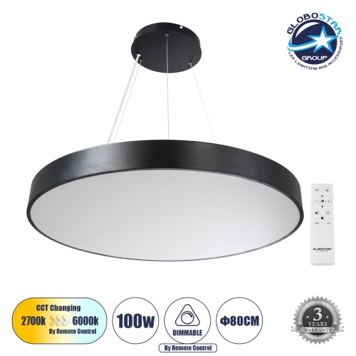 GLOBOSTAR® BURTON 61204 Μοντέρνο Κρεμαστό Φωτιστικό Οροφής LED 100W 10000lm 120° AC 220-240V IP20 Ρυθμιζόμενο Λευκό CCT με Χειριστήριο από 2700K έως 6000K Dimmable - Lumileds SMD Chip - Μαύρο Ματ - Μ80 x Π80 x Υ8cm - 3 Χρόνια Εγγύηση