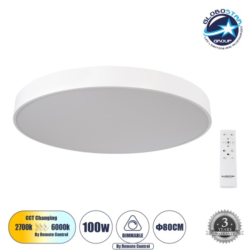 GLOBOSTAR® BURTON 61205-S Μοντέρνο Φωτιστικό Οροφής LED 100W 10000lm 120° AC 220-240V IP20 Ρυθμιζόμενο Λευκό CCT με Χειριστήριο από 2700K έως 6000K Dimmable - Lumileds SMD Chip - Λευκό Ματ - Μ80 x Π80 x Υ8cm - 3 Χρόνια Εγγύηση