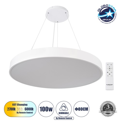 GLOBOSTAR® BURTON 61205 Μοντέρνο Κρεμαστό Φωτιστικό Οροφής LED 100W 10000lm 120° AC 220-240V IP20 Ρυθμιζόμενο Λευκό CCT με Χειριστήριο από 2700K έως 6000K Dimmable - Lumileds SMD Chip - Λευκό Ματ - Μ80 x Π80 x Υ8cm - 3 Χρόνια Εγγύηση