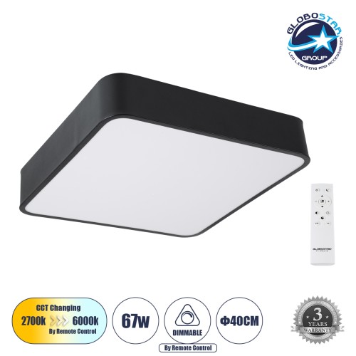 GLOBOSTAR® KAMALA 61206-S Μοντέρνο Φωτιστικό Οροφής LED 67W 7705lm 120° AC 220-240V IP20 Ρυθμιζόμενο Λευκό CCT με Χειριστήριο από 2700K έως 6000K Dimmable - Lumileds SMD Chip - Μαύρο Ματ - Μ40 x Π40 x Υ8cm - 3 Χρόνια Εγγύηση