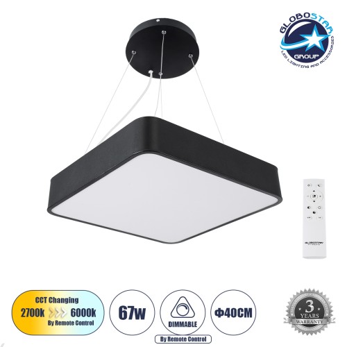 GLOBOSTAR® KAMALA 61206-P Μοντέρνο Κρεμαστό Φωτιστικό Οροφής LED 67W 7705lm 120° AC 220-240V IP20 Ρυθμιζόμενο Λευκό CCT με Χειριστήριο από 2700K έως 6000K Dimmable - Lumileds SMD Chip - Μαύρο Ματ - Μ40 x Π40 x Υ8cm - 3 Χρόνια Εγγύηση