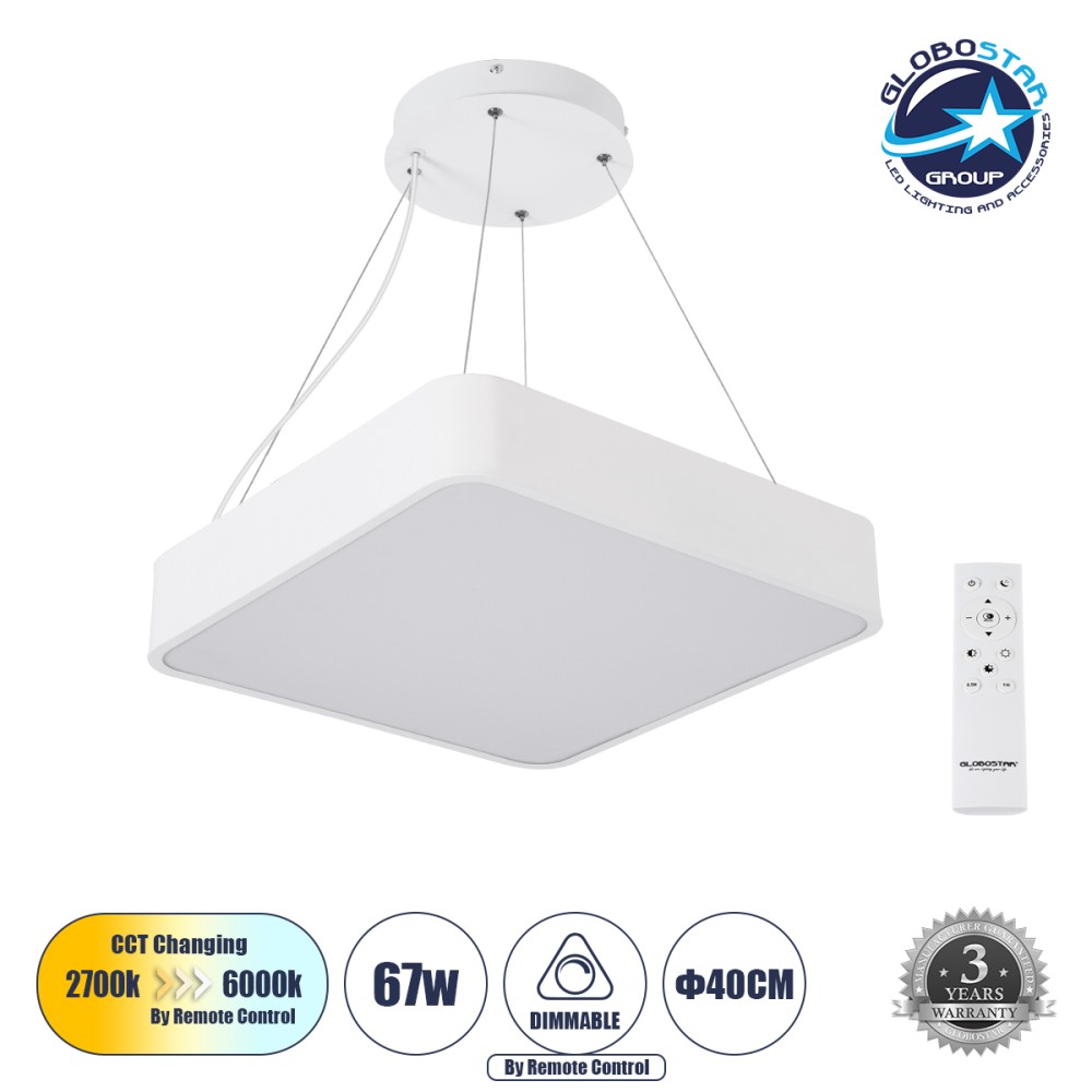 GLOBOSTAR® KAMALA 61207-P Μοντέρνο Κρεμαστό Φωτιστικό Οροφής LED 67W 7370lm 120° AC 220-240V IP20 Ρυθμιζόμενο Λευκό CCT με Χειριστήριο από 2700K έως 6000K Dimmable - Lumileds SMD Chip - Λευκό Ματ - Μ40 x Π40 x Υ8cm - 3 Χρόνια Εγγύηση