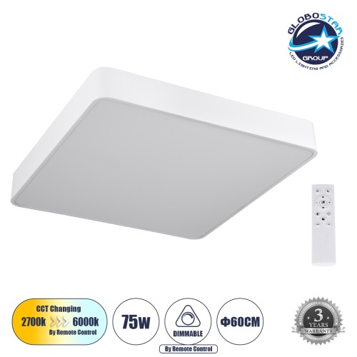 GLOBOSTAR® KAMALA 61209-S Μοντέρνο Φωτιστικό Οροφής LED 75W 8625lm 120° AC 220-240V IP20 Ρυθμιζόμενο Λευκό CCT με Χειριστήριο από 2700K έως 6000K Dimmable - Lumileds SMD Chip - Λευκό Ματ - Μ60 x Π60 x Υ8cm - 3 Χρόνια Εγγύηση