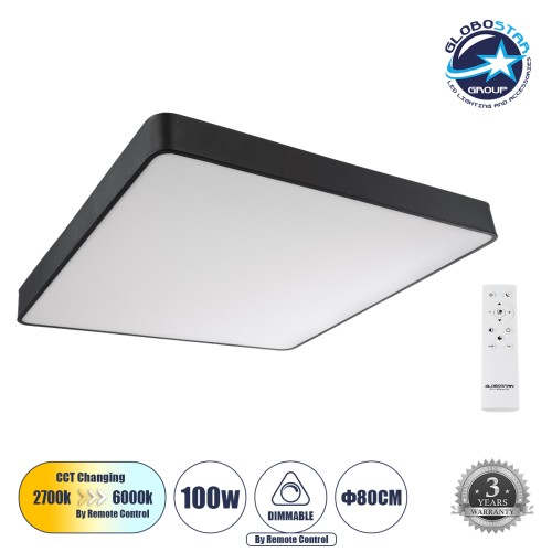 GLOBOSTAR® KAMALA 61210-S Μοντέρνο Φωτιστικό Οροφής LED 100W 10000lm 120° AC 220-240V IP20 Ρυθμιζόμενο Λευκό CCT με Χειριστήριο από 2700K έως 6000K Dimmable - Lumileds SMD Chip - Μαύρο Ματ - Μ80 x Π80 x Υ8cm - 3 Χρόνια Εγγύηση