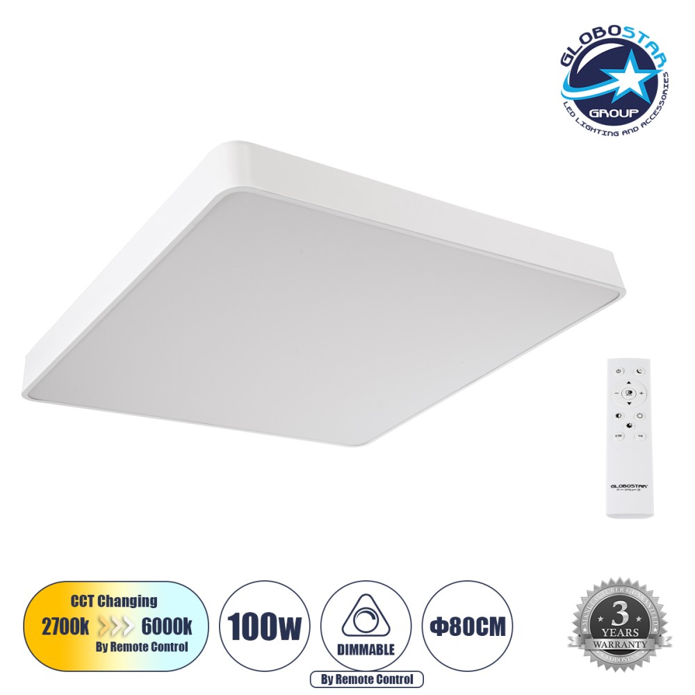 GLOBOSTAR® KAMALA 61211-S Μοντέρνο Φωτιστικό Οροφής LED 100W 11020lm 120° AC 220-240V IP20 Ρυθμιζόμενο Λευκό CCT με Χειριστήριο από 2700K έως 6000K Dimmable - Lumileds SMD Chip - Λευκό Ματ - Μ80 x Π80 x Υ8cm - 3 Χρόνια Εγγύηση