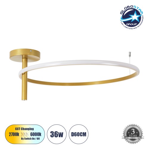 GLOBOSTAR® VERONA 61225 Μοντέρνο Φωτιστικό Οροφής LED 36W 4032lm 360° AC 220-240V IP20 Ρυθμιζόμενο Λευκό CCT με On/Off 2700K/4500K/6000K - Lumileds SMD Chip - Χρυσό Βούρτσας - Μ60 x Π60 x Υ23cm - 3 Χρόνια Εγγύηση