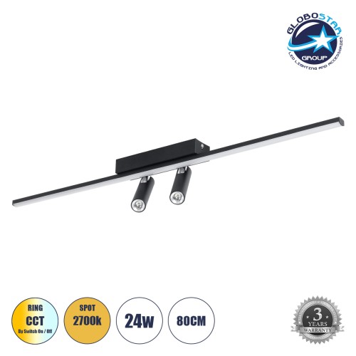 GLOBOSTAR® BARETTI 61226 Μοντέρνο Φωτιστικό Οροφής LED 24W 2688lm 160° & 45° AC 220-240V IP20 Ρυθμιζόμενο Λευκό CCT με On/Off 2700K/4500K/6000K - Lumileds SMD Chip - Μαύρο Ματ - Μ80 x Π5 x Υ15cm - 3 Χρόνια Εγγύηση