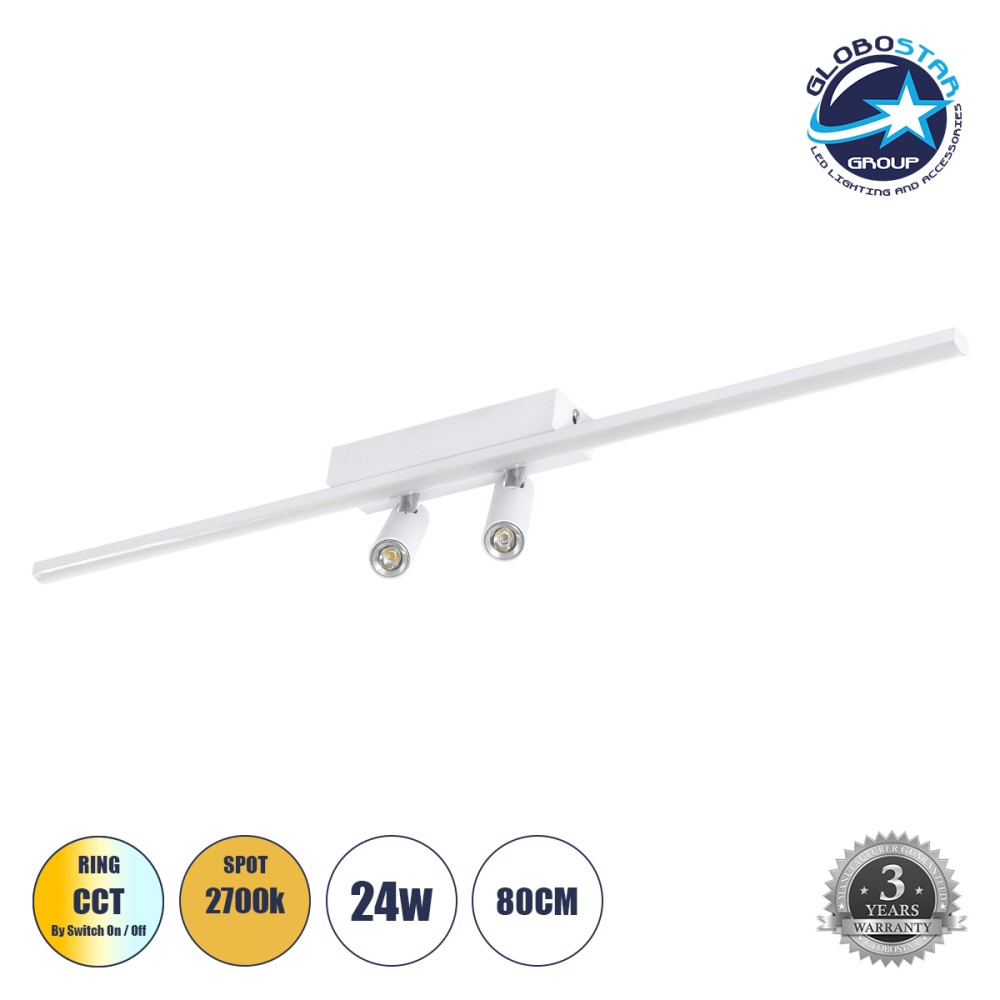 GLOBOSTAR® BARETTI 61227 Μοντέρνο Φωτιστικό Οροφής LED 24W 2688lm 160° & 45° AC 220-240V IP20 Ρυθμιζόμενο Λευκό CCT με On/Off 2700K/4500K/6000K - Lumileds SMD Chip - Λευκό Ματ - Μ80 x Π5 x Υ15cm - 3 Χρόνια Εγγύηση