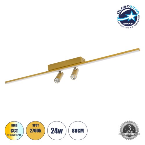 GLOBOSTAR® BARETTI 61228 Μοντέρνο Φωτιστικό Οροφής LED 24W 2688lm 160° & 45° AC 220-240V IP20 Ρυθμιζόμενο Λευκό CCT με On/Off 2700K/4500K/6000K - Lumileds SMD Chip - Χρυσό - Μ80 x Π5 x Υ15cm - 3 Χρόνια Εγγύηση