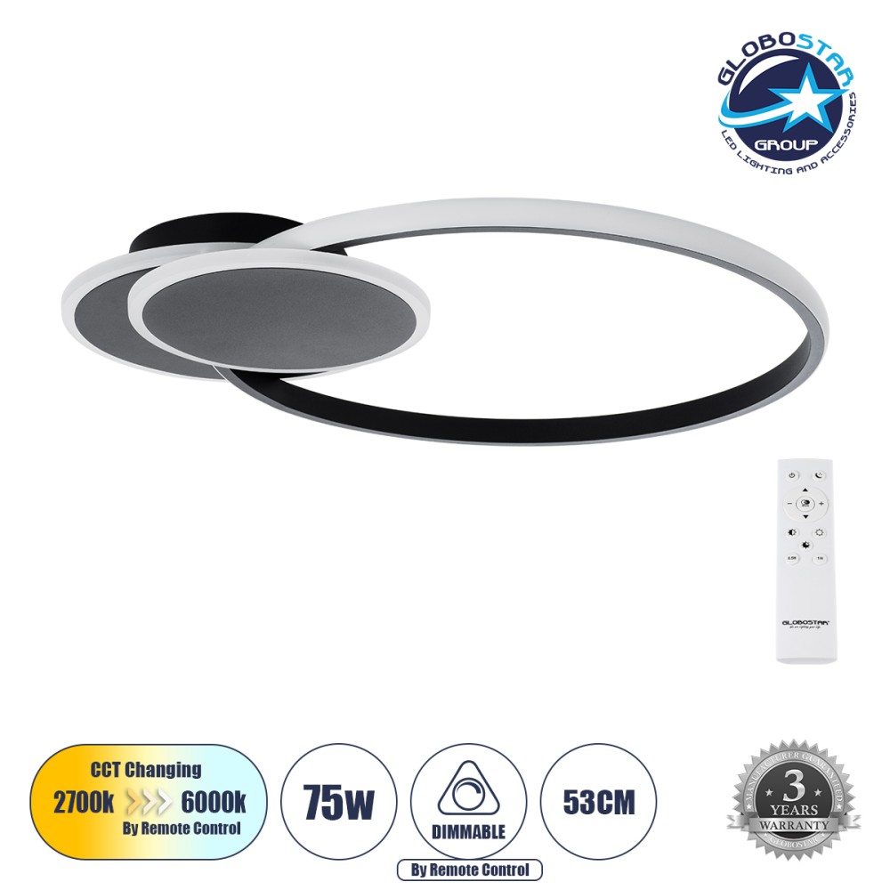 GLOBOSTAR® CIRCUO 61229 Μοντέρνο Φωτιστικό Οροφής LED 75W 7500lm 360° AC 220-240V IP20 Ρυθμιζόμενο Λευκό CCT με Χειριστήριο από 2700K έως 6000K Dimmable - Lumileds SMD Chip - Μαύρο Ματ - Μ53 x Π42.5 x Υ9cm - 3 Χρόνια Εγγύηση