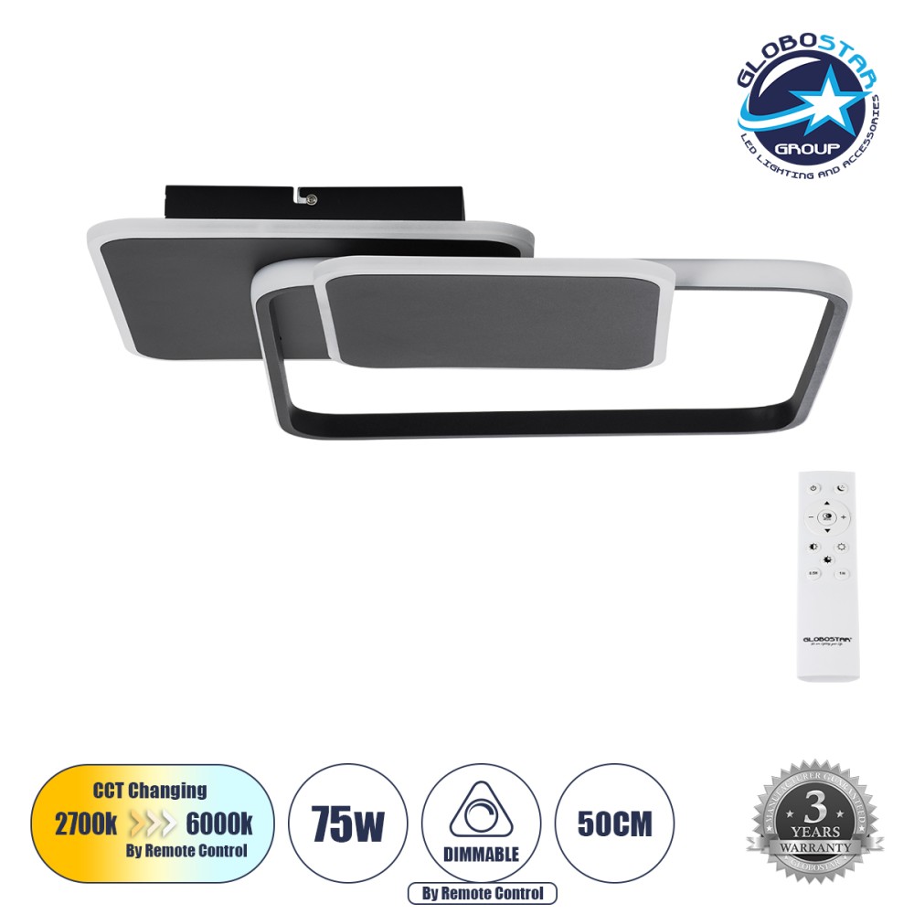 GLOBOSTAR® SQUARO 61231 Μοντέρνο Φωτιστικό Οροφής LED 75W 7500lm 360° AC 220-240V IP20 Ρυθμιζόμενο Λευκό CCT με Χειριστήριο από 2700K έως 6000K Dimmable - Lumileds SMD Chip - Μαύρο Ματ - Μ48.5 x Π51 x Υ9cm - 3 Χρόνια Εγγύηση