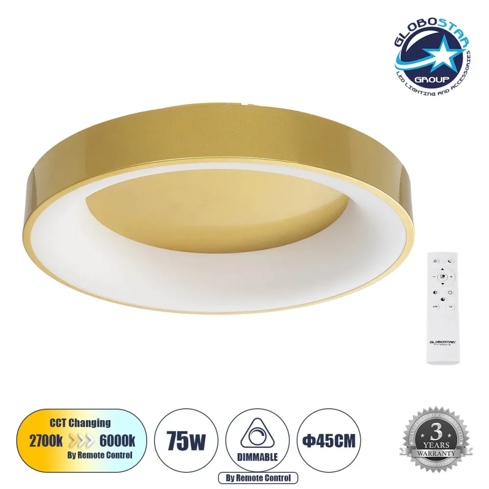 GLOBOSTAR® SALEM 61235 Μοντέρνο Φωτιστικό Οροφής LED 75W 8625lm 120° AC 220-240V IP20 Ρυθμιζόμενο Λευκό CCT με Χειριστήριο από 2700K έως 6000K Dimmable - Lumileds SMD Chip - Χρυσό - Μ45 x Π45 x Υ9.5cm - 3 Χρόνια Εγγύηση