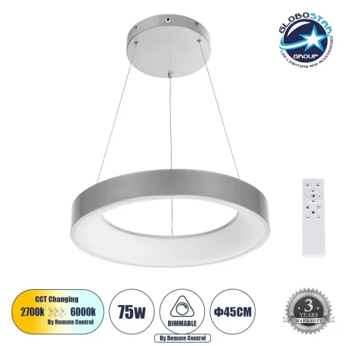 GLOBOSTAR® SALEM 61242 Μοντέρνο Κρεμαστό Φωτιστικό Οροφής LED 75W 8625lm 120° AC 220-240V IP20 Ρυθμιζόμενο Λευκό CCT με Χειριστήριο από 2700K έως 6000K Dimmable - Lumileds SMD Chip - Γκρι - Μ45 x Π45 x Υ6cm - 3 Χρόνια Εγγύηση