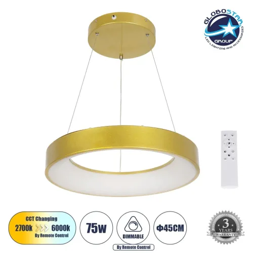 GLOBOSTAR® SALEM 61243 Μοντέρνο Κρεμαστό Φωτιστικό Οροφής LED 75W 8625lm 120° AC 220-240V IP20 Ρυθμιζόμενο Λευκό CCT με Χειριστήριο από 2700K έως 6000K Dimmable - Lumileds SMD Chip - Χρυσό - Μ45 x Π45 x Υ6cm - 3 Χρόνια Εγγύηση