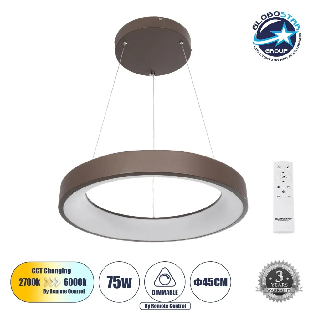 GLOBOSTAR® SALEM 61244 Μοντέρνο Κρεμαστό Φωτιστικό Οροφής LED 75W 8625lm 120° AC 220-240V IP20 Ρυθμιζόμενο Λευκό CCT με Χειριστήριο από 2700K έως 6000K Dimmable - Lumileds SMD Chip - Καφέ Ματ - Μ45 x Π45 x Υ6cm - 3 Χρόνια Εγγύηση