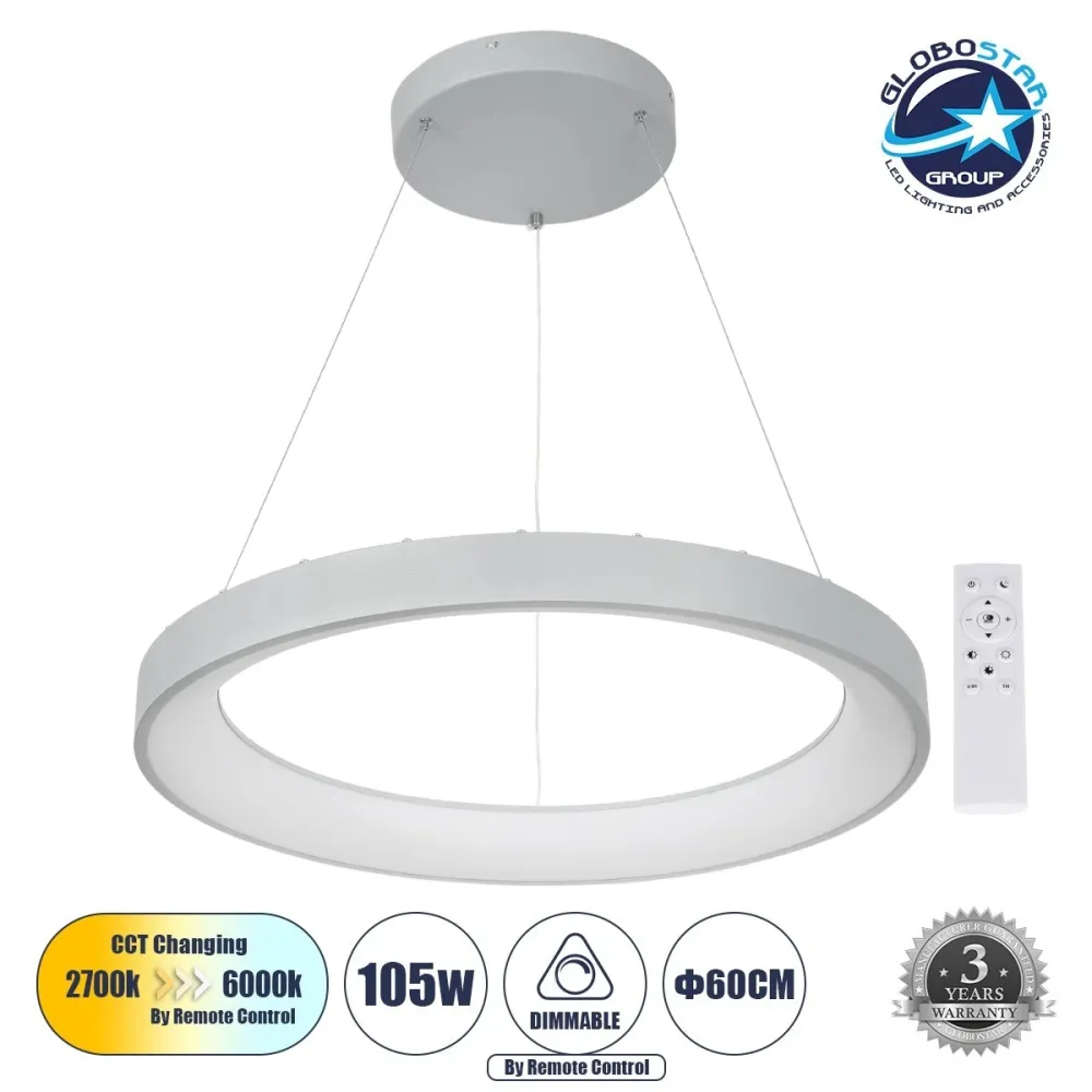 GLOBOSTAR® SALEM 61246 Μοντέρνο Κρεμαστό Φωτιστικό Οροφής LED 105W 12075lm 120° AC 220-240V IP20 Ρυθμιζόμενο Λευκό CCT με Χειριστήριο από 2700K έως 6000K Dimmable - Lumileds SMD Chip - Γκρι - Μ60 x Π60 x Υ6cm - 3 Χρόνια Εγγύηση