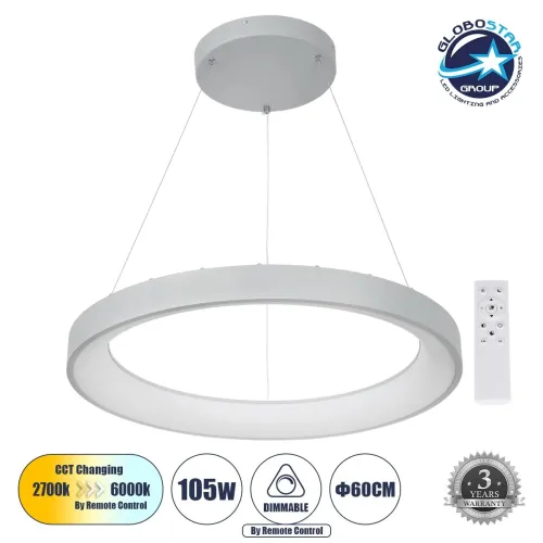 GLOBOSTAR® SALEM 61246 Μοντέρνο Κρεμαστό Φωτιστικό Οροφής LED 105W 12075lm 120° AC 220-240V IP20 Ρυθμιζόμενο Λευκό CCT με Χειριστήριο από 2700K έως 6000K Dimmable - Lumileds SMD Chip - Γκρι - Μ60 x Π60 x Υ6cm - 3 Χρόνια Εγγύηση