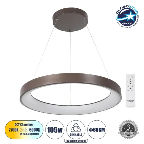 GLOBOSTAR® SALEM 61248 Μοντέρνο Κρεμαστό Φωτιστικό Οροφής LED 105W 12075lm 120° AC 220-240V IP20 Ρυθμιζόμενο Λευκό CCT με Χειριστήριο από 2700K έως 6000K Dimmable - Lumileds SMD Chip - Καφέ Ματ - Μ60 x Π60 x Υ6cm - 3 Χρόνια Εγγύηση