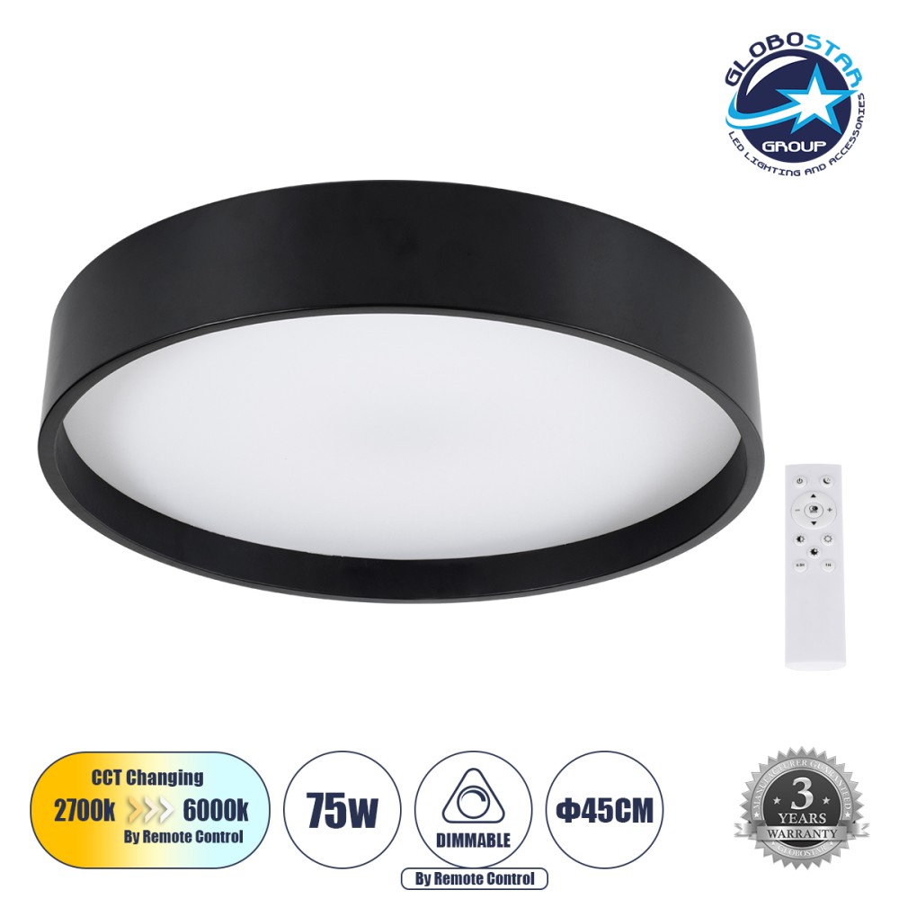 GLOBOSTAR® NARNIA 61257 Μοντέρνο Φωτιστικό Οροφής LED 75W 7500lm 120° AC 220-240V IP20 Ρυθμιζόμενο Λευκό CCT με Χειριστήριο από 2700K έως 6000K Dimmable - Lumileds SMD Chip - Μαύρο Ματ - Μ45 x Π45 x Υ8cm - 3 Χρόνια Εγγύηση