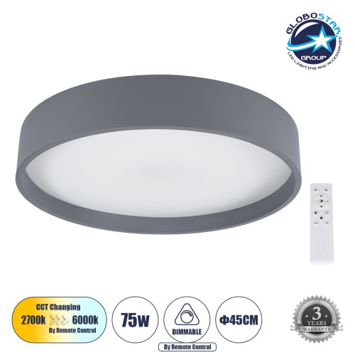 GLOBOSTAR® NARNIA 61258 Μοντέρνο Φωτιστικό Οροφής LED 75W 8625lm 120° AC 220-240V IP20 Ρυθμιζόμενο Λευκό CCT με Χειριστήριο από 2700K έως 6000K Dimmable - Lumileds SMD Chip - Γκρι Ανθρακί Ματ - Μ45 x Π45 x Υ8cm - 3 Χρόνια Εγγύηση