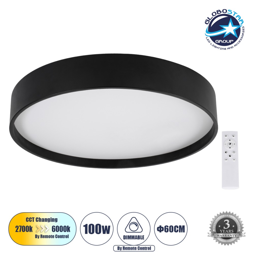 GLOBOSTAR® NARNIA 61259 Μοντέρνο Φωτιστικό Οροφής LED 100W 10000lm 120° AC 220-240V IP20 Ρυθμιζόμενο Λευκό CCT με Χειριστήριο από 2700K έως 6000K Dimmable - Lumileds SMD Chip - Μαύρο Ματ - Μ60 x Π60 x Υ10cm - 3 Χρόνια Εγγύηση
