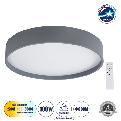 GLOBOSTAR® NARNIA 61260 Μοντέρνο Φωτιστικό Οροφής LED 100W 10000lm 120° AC 220-240V IP20 Ρυθμιζόμενο Λευκό CCT με Χειριστήριο από 2700K έως 6000K Dimmable - Lumileds SMD Chip - Γκρι Ματ - Μ60 x Π60 x Υ10cm - 3 Χρόνια Εγγύηση