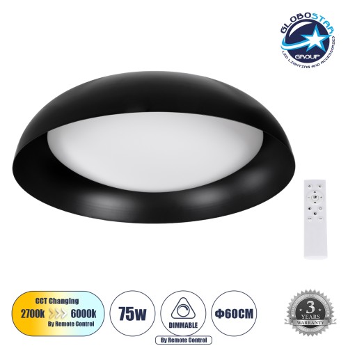 GLOBOSTAR® ANATOLIA 61264 Μοντέρνο Φωτιστικό Οροφής LED 75W 8625lm 120° AC 220-240V IP20 Ρυθμιζόμενο Λευκό CCT με Χειριστήριο από 2700K έως 6000K Dimmable - Lumileds SMD Chip - Μαύρο Ματ - Μ60 x Π60 x Υ13cm - 3 Χρόνια Εγγύηση