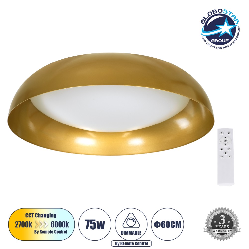 GLOBOSTAR® ANATOLIA 61266 Μοντέρνο Φωτιστικό Οροφής LED 75W 8625lm 120° AC 220-240V IP20 Ρυθμιζόμενο Λευκό CCT με Χειριστήριο από 2700K έως 6000K Dimmable - Lumileds SMD Chip - Χρυσό - Μ60 x Π60 x Υ13cm - 3 Χρόνια Εγγύηση