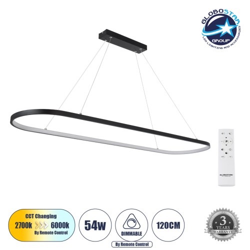 GLOBOSTAR® BOLIVAR 61271 Μοντέρνο Κρεμαστό Φωτιστικό Οροφής LED 54W 6210lm 360° AC 220-240V IP20 Ρυθμιζόμενο Λευκό CCT με Χειριστήριο από 2700K έως 6000K Dimmable - Lumileds SMD Chip - Μαύρο Ματ - Μ120 x Π30 x Υ2cm - 3 Χρόνια Εγγύηση