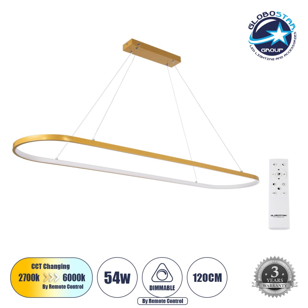GLOBOSTAR® BOLIVAR 61274 Μοντέρνο Κρεμαστό Φωτιστικό Οροφής LED 54W 5400lm 360° AC 220-240V IP20 Ρυθμιζόμενο Λευκό CCT με Χειριστήριο από 2700K έως 6000K Dimmable - Lumileds SMD Chip - Χρυσό Βούρτσας - Μ120 x Π30 x Υ2cm - 3 Χρόνια Εγγύηση