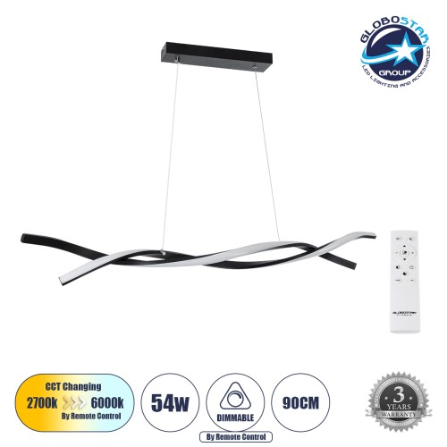 GLOBOSTAR® MORALES 61275 Μοντέρνο Κρεμαστό Φωτιστικό Οροφής LED 54W 6048lm 300° AC 220-240V IP20 Ρυθμιζόμενο Λευκό CCT με Χειριστήριο από 2700K έως 6000K Dimmable - Lumileds SMD Chip - Μαύρο Ματ - Μ90 x Π14 x Υ14cm - 3 Χρόνια Εγγύηση