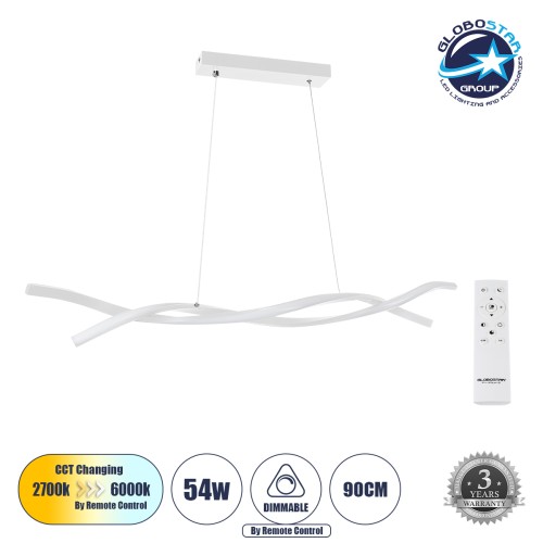 GLOBOSTAR® MORALES 61276 Μοντέρνο Κρεμαστό Φωτιστικό Οροφής LED 54W 6048lm 300° AC 220-240V IP20 Ρυθμιζόμενο Λευκό CCT με Χειριστήριο από 2700K έως 6000K Dimmable - Lumileds SMD Chip - Λευκό Ματ - Μ90 x Π14 x Υ14cm - 3 Χρόνια Εγγύηση