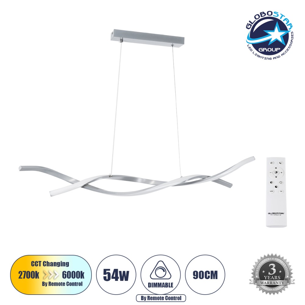 GLOBOSTAR® MORALES 61277 Μοντέρνο Κρεμαστό Φωτιστικό Οροφής LED 54W 5400lm 300° AC 220-240V IP20 Ρυθμιζόμενο Λευκό CCT με Χειριστήριο από 2700K έως 6000K Dimmable - Lumileds SMD Chip - Νίκελ Βούρτσας - Μ90 x Π14 x Υ14cm - 3 Χρόνια Εγγύηση