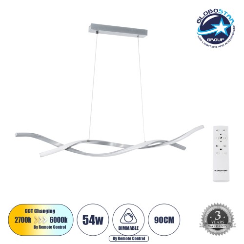 GLOBOSTAR® MORALES 61277 Μοντέρνο Κρεμαστό Φωτιστικό Οροφής LED 54W 6048lm 300° AC 220-240V IP20 Ρυθμιζόμενο Λευκό CCT με Χειριστήριο από 2700K έως 6000K Dimmable - Lumileds SMD Chip - Νίκελ Βούρτσας - Μ90 x Π14 x Υ14cm - 3 Χρόνια Εγγύηση