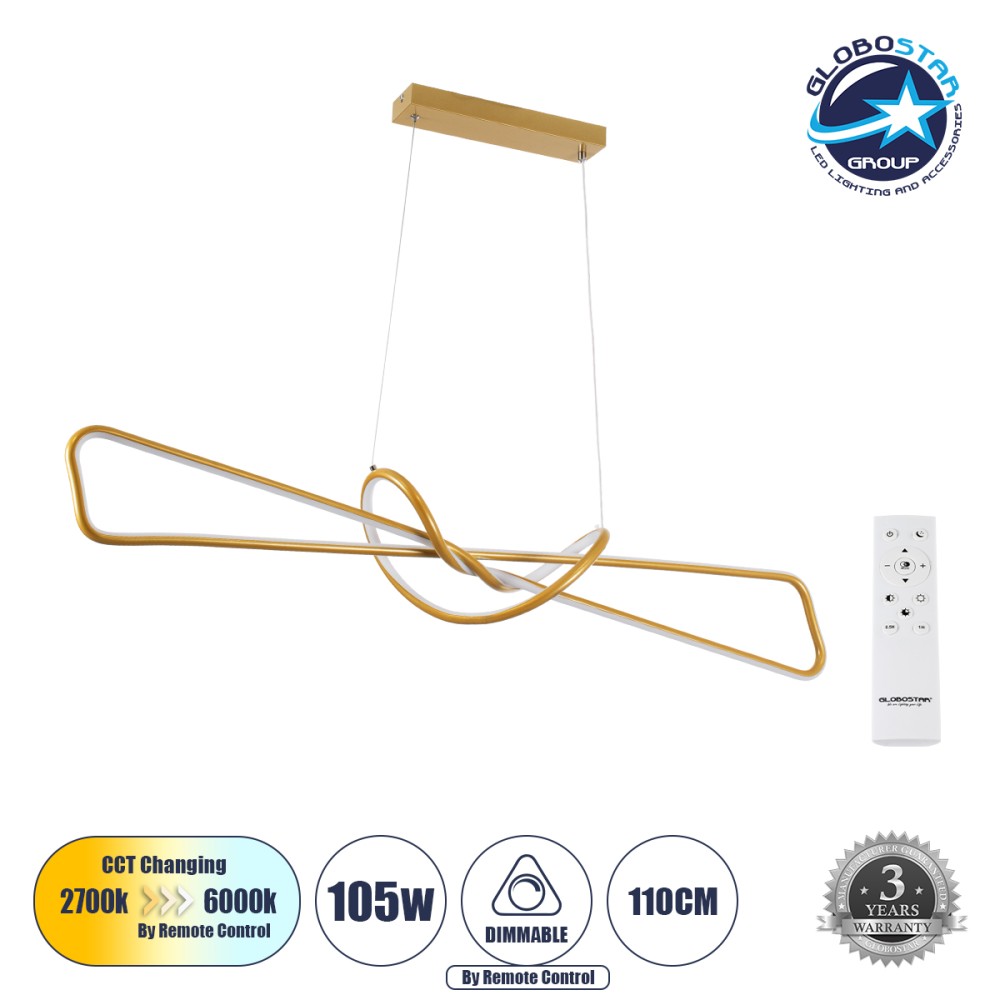 GLOBOSTAR® DOLORES 61282 Μοντέρνο Κρεμαστό Φωτιστικό Οροφής LED 105W 11760lm 300° AC 220-240V IP20 Ρυθμιζόμενο Λευκό CCT με Χειριστήριο από 2700K έως 6000K Dimmable - Lumileds SMD Chip - Χρυσό Βούρτσας - Μ110 x Π17 x Υ17.5cm - 3 Χρόνια Εγγύηση