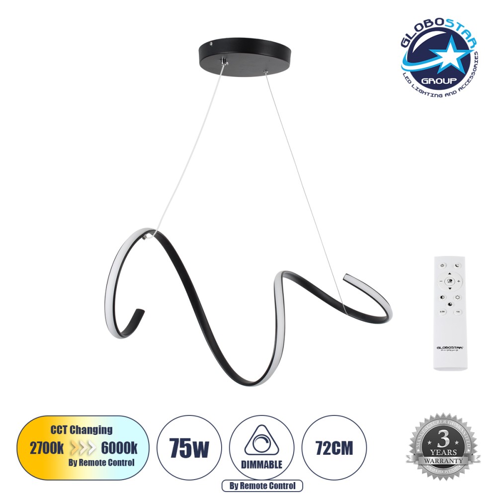 GLOBOSTAR® SPIRALE 61283 Μοντέρνο Κρεμαστό Φωτιστικό Οροφής LED 75W 7500lm 300° AC 220-240V IP20 Ρυθμιζόμενο Λευκό CCT με Χειριστήριο από 2700K έως 6000K Dimmable - Lumileds SMD Chip - Μαύρο Ματ - Μ72 x Π25 x Υ30cm - 3 Χρόνια Εγγύηση