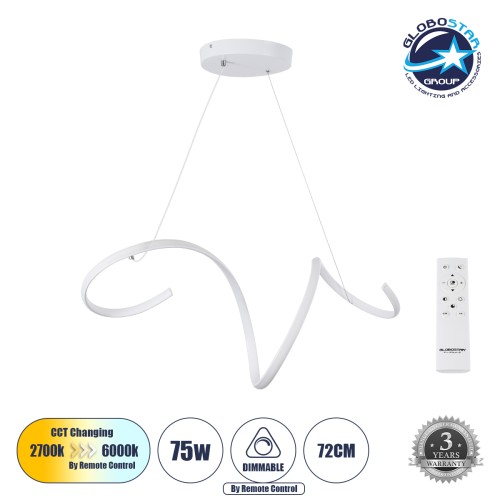GLOBOSTAR® SPIRALE 61284 Μοντέρνο Κρεμαστό Φωτιστικό Οροφής LED 75W 8400lm 300° AC 220-240V IP20 Ρυθμιζόμενο Λευκό CCT με Χειριστήριο από 2700K έως 6000K Dimmable - Lumileds SMD Chip - Λευκό Ματ - Μ72 x Π25 x Υ30cm - 3 Χρόνια Εγγύηση