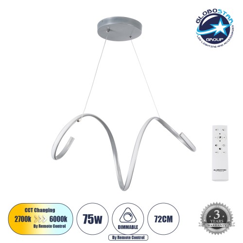 GLOBOSTAR® SPIRALE 61285 Μοντέρνο Κρεμαστό Φωτιστικό Οροφής LED 75W 8400lm 300° AC 220-240V IP20 Ρυθμιζόμενο Λευκό CCT με Χειριστήριο από 2700K έως 6000K Dimmable - Lumileds SMD Chip - Νίκελ Βούρτσας - Μ72 x Π25 x Υ30cm - 3 Χρόνια Εγγύηση