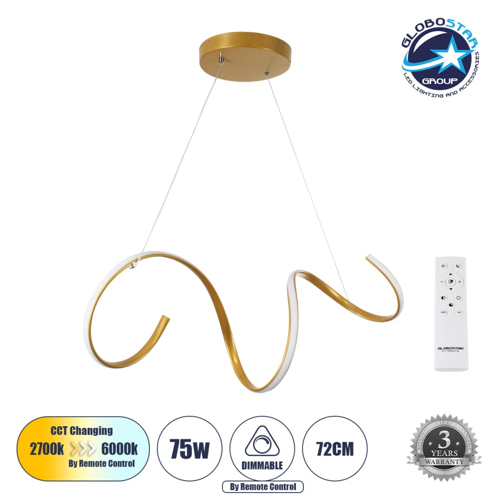 GLOBOSTAR® SPIRALE 61286 Μοντέρνο Κρεμαστό Φωτιστικό Οροφής LED 75W 7500lm 300° AC 220-240V IP20 Ρυθμιζόμενο Λευκό CCT με Χειριστήριο από 2700K έως 6000K Dimmable - Lumileds SMD Chip - Χρυσό Βούρτσας - Μ72 x Π25 x Υ30cm - 3 Χρόνια Εγγύηση